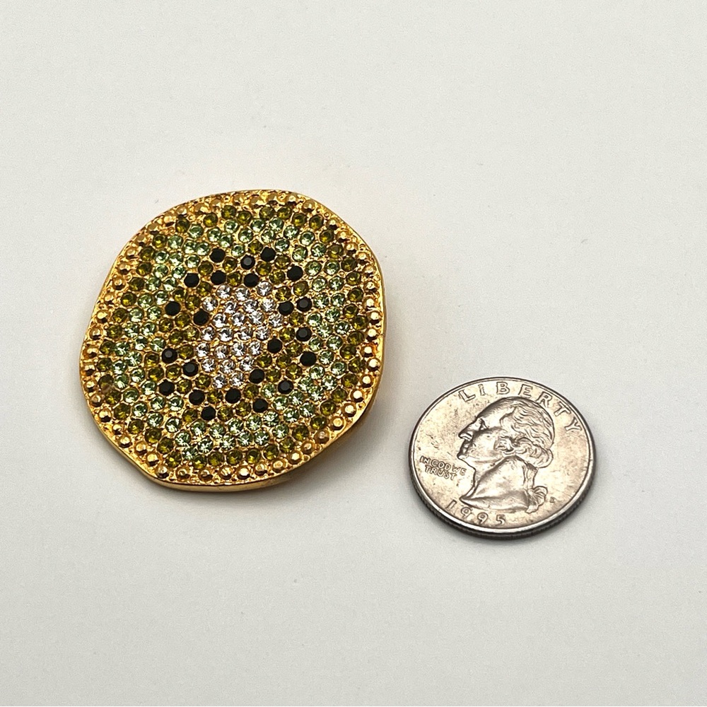 Vintage Carlisle Signed Swarovski Rhinestone Green Gold Kiwi Brooch - Picture 8 of 10